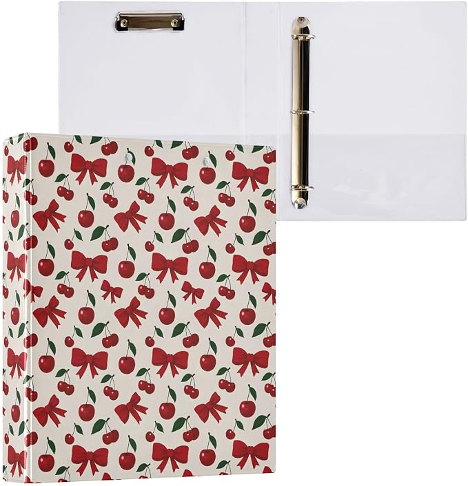 Red Cherry Bow 3 Ring Binder 1.5 Inch 1 Pack with 200 Sheet for Kids School Supplies Women Men Office