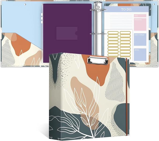 3 Ring Binder, 3 Inches Round Ring Binder with Clipboard, Dividers Tabs, PVC Zipper Bag Sleeves & to Do List Planners for Women, Men, School, Office Supplies,Boho Leaf