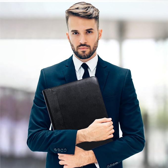 Black Vegan Leather Binder Portfolio for Women and Men,3 Ring Portfolio Binder with Zipper, A4 Planner Padfolio with Laptop Pocket,Legal Size Folio,Work padfolio Organizer for Women