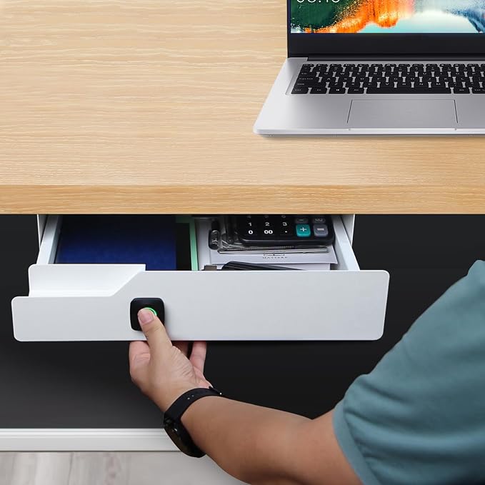 Lumil Under Desk Drawer with Lock, 16 inch Under Desk Storage Drawer, Under Desk Mounted Pull Out Drawer with Biometric Lock