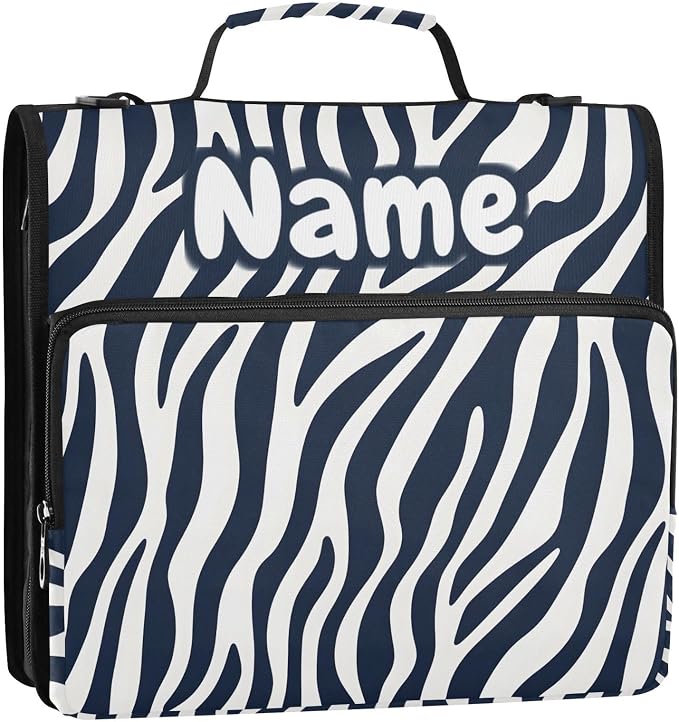 Custom Blue White Zebra Print 3 Ring Binder Bag 1.5 inch Personalized Name Binder Organizer 500 Sheet Documents Storage for School Office