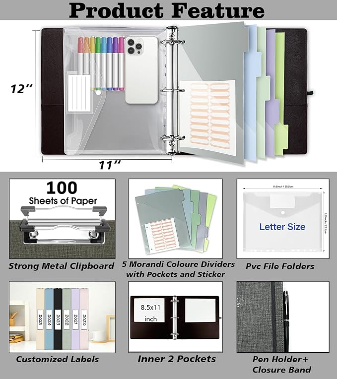 3 Ring Binder, 2 Inch Three Ring Linen Leather Binders Organizer with Clipboard for Letter Size Paper, Transparent Folder, 5 Tab Dividers, File Folder Labels, Pen Loop, Elastic Strap (Dark Grey)