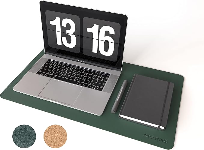 RENMTURE Dual-Sided Mouse Pad, Natural Cork & PU Leather Large Desk Pad for Office and Home Work, Desk Protector Non-Slip, Waterproof, Easy Clean (Dark Green, 23.6" x 13.7")