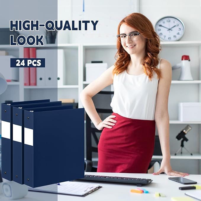 Henoyso 24 Pcs 1.5 Inch 3 Ring Binders, Letter Size,Navy Blue | Binders Bulk, Holds 350 Sheets, Round Rings, Durable Flexible PP Plastic Covers, Pockets Labels, School Office Supplies