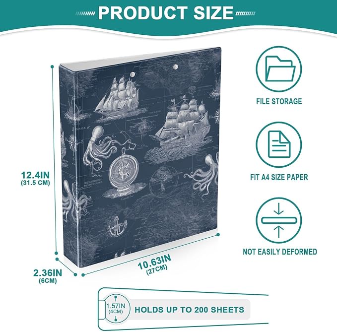 Nautical Ship Rudder Anchor Printed 3-Ring Binder for School Office, 1.5 Inch Round Ring Binder for Home Recipe Budget Aesthetic Binder with Pocket Metal Non-Slip Clip Holds 200 Sheets