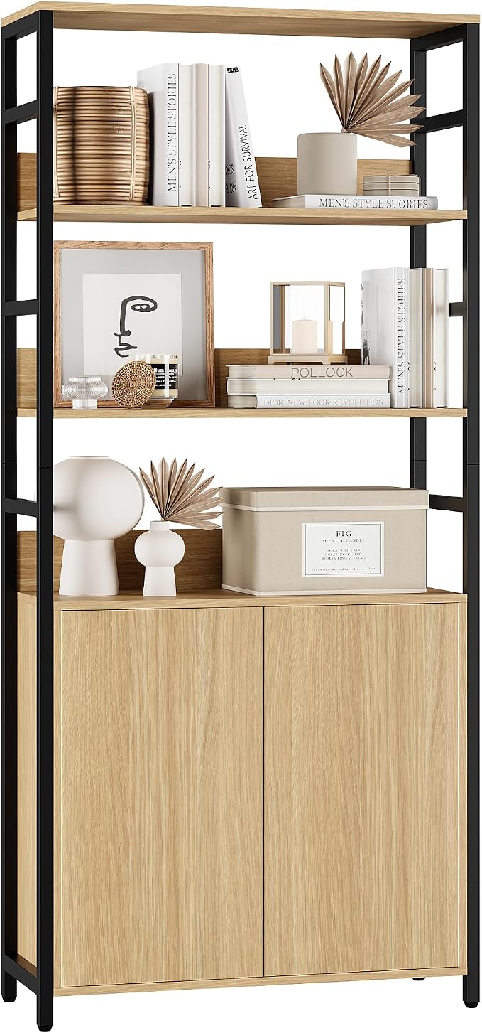 Garvee 71" Tall Bookshelf with Doors and Adjustable Shelf, Natural | Industrial Display Standing Shelf Rack with 3-Tier Shelves, Bookcase with Protective Rails for Living Room, Office