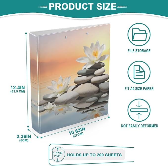SPRIPORT Zen Stone 1.5 Inch 3 Ring Binder Holds 200 Sheets for Office Supplies Durable PVC Round Ring Binder with Interior Clear Pockets Binder Notebook for Man Woman Home Work