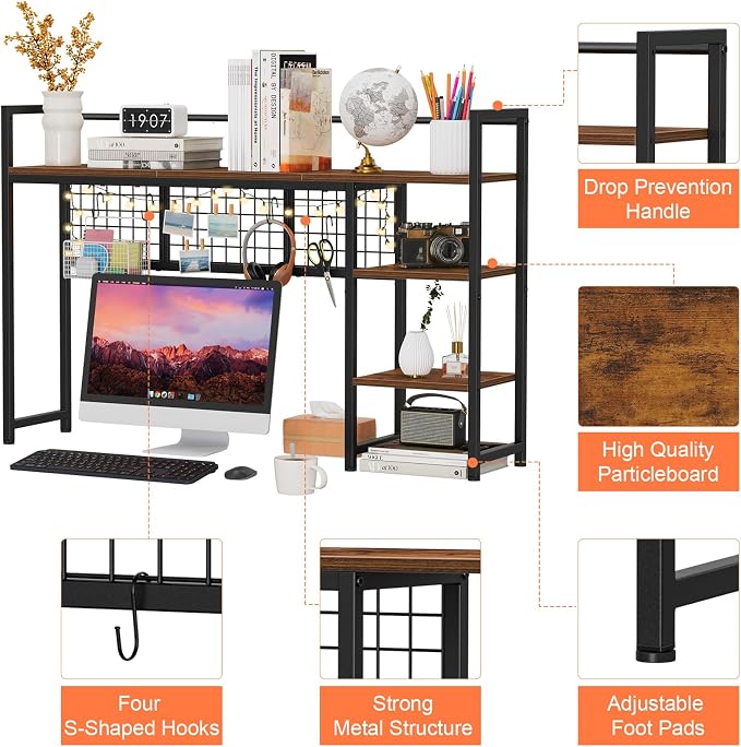 Snughome Desk Shelf, 44.9" Desktop Organizer Shelf, Desk Hutch for Computer Monitor, 4 Tier Desk Display Rack with Pegboard Hooks Set, Wood Desktop Bookshelf for Home Office Dorm