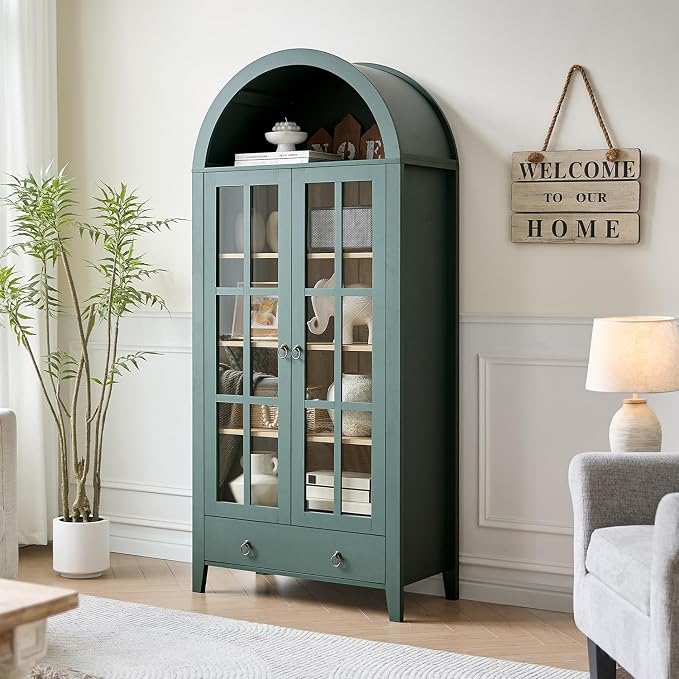 RowyPoey 71" Tall Arched Cabinet Bookshelf with Glass Door & Storage Drawer | Modern Farmhouse Display Cabinet,Adjustable Shelves,Wood Kitchen Pantry for Dining Room,Living Room,Office,Green,2 Pack