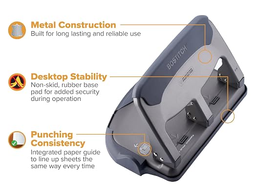 Bostitch Office EZ Squeeze Heavy Duty 3-Hole Punch for Home Office & School, 40-Sheet Capacity, One-Touch Reduced Force, Sleek Gray Design