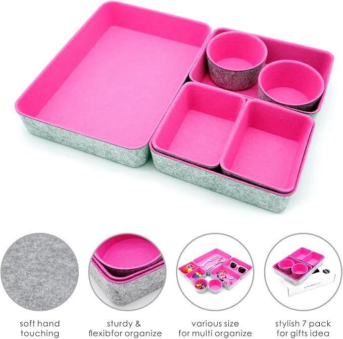 Drawer organizer bins felt tray desk storage dividers 7pc Hot pink