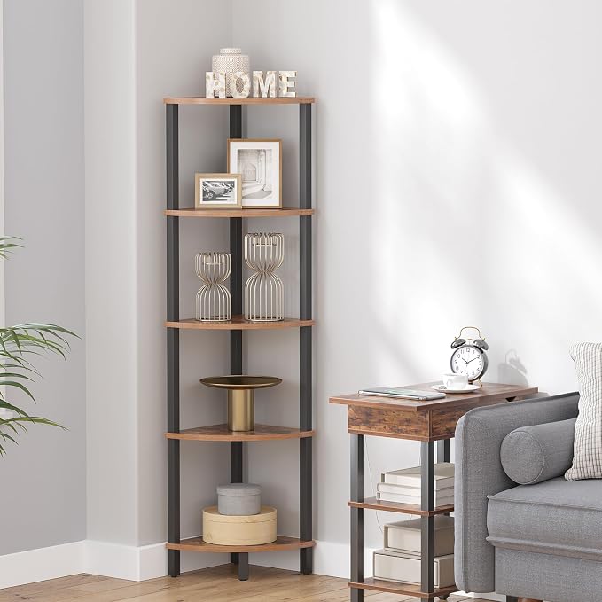 VIMBER Corner Shelf, 5-Tier Corner Bookshelf, Industrial Corner Ladder Shelf, Rustic Display Shelf for Living Room, Bedroom, Kitchen, Home Office, Rustic Brown and Black UJSJ001H