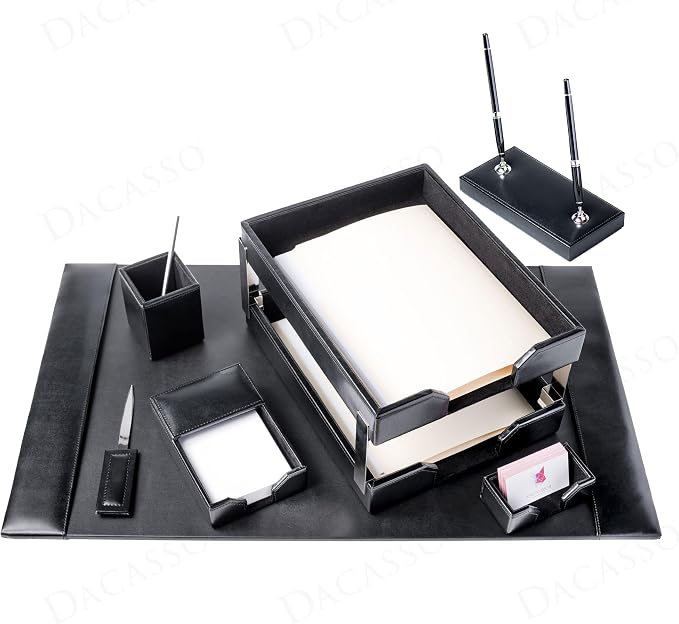 Dacasso Black Bonded Leather Luxury 9 Piece Desk Set - Blotter Pad & Desk Mat Organization Essentials - Executive Decor and Surface Protector