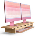 42" Dual Monitor Stand Riser with Large Drawer Keyboard Storage | Double Computer Monitor Riser Shelf for 55-72 Inch Desk Aesthetic Workplace Setup Desktop Organizer Bamboo