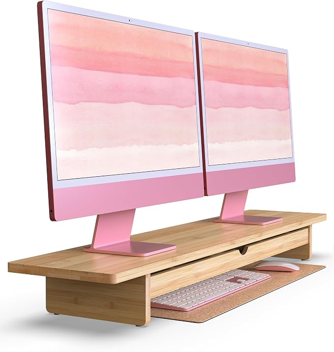 42" Dual Monitor Stand Riser with Large Drawer Keyboard Storage | Double Computer Monitor Riser Shelf for 55-72 Inch Desk Aesthetic Workplace Setup Desktop Organizer Bamboo