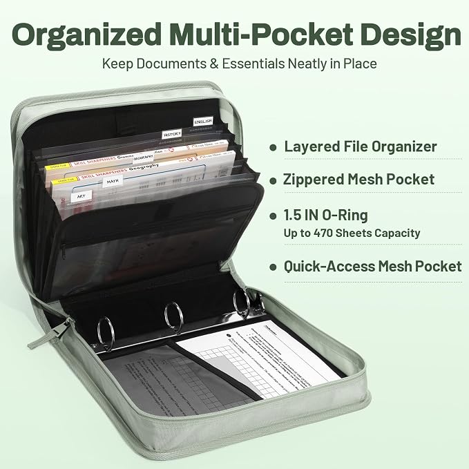 SUNEE Zipper Binder with Handle, 1.5 Inch O-Ring, 325 Pages Capacity, with 5-Tab Expanding File Folder for Classified Storage, Small Size Lightweight Zipper Bag for Middle School Students, Sage Green