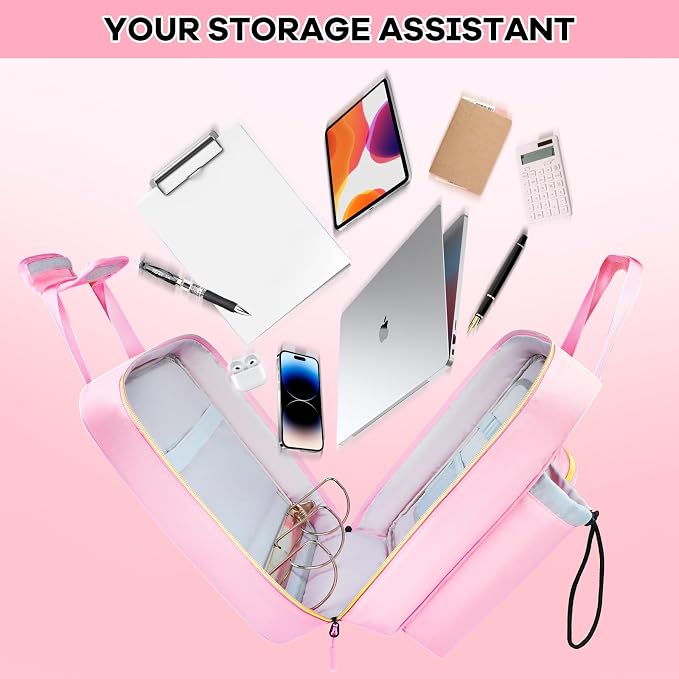 3 Inch D-Ring Zipper Binder Bag, 700 Sheet Capacity Multi-Pockets Organizer, 13 Inch Laptop Carrying Case with Bottle Holder& Shoulder Strap for School Office (Pink)