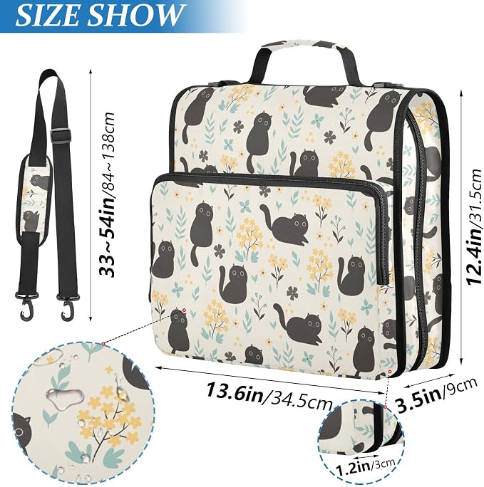 Cute Black Cats and Flowers Zipper Binder with Shoulder Strap Bag 3 Ring Binder Organizer Large Capacity Multiple Compartments for School Office