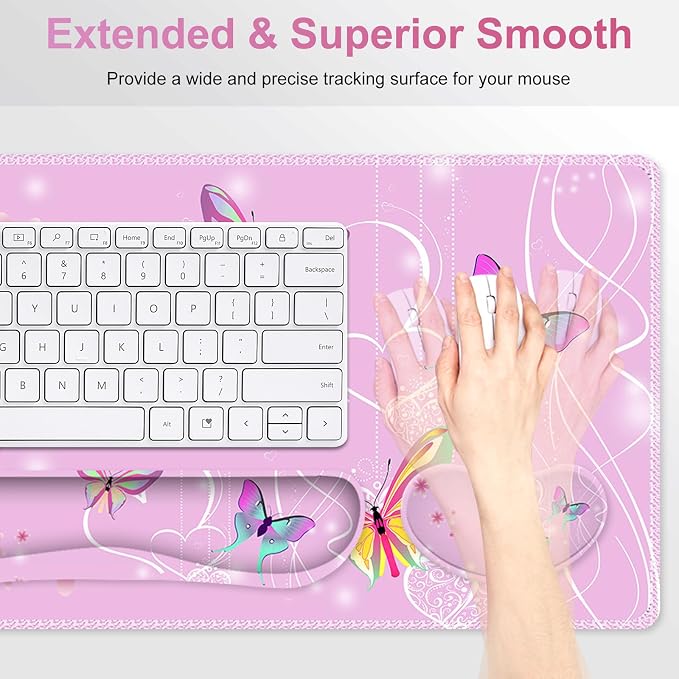 Pink Butterfly Desk Mat, Florals 4 in1 Large Gaming Mouse Pad Set, Ergonomics Keyboard Pad with Memory Foam Wrist Rest, Extended Game Mousepad Non-Slip Desk Protector Matt Easy Typing Pain Relief