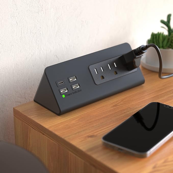 Nightstand Edge Mount Power Strip with USB-C Ports Tabletop Surge Protector Desk Clamp Power Sockets with 3 AC Outlets &4 Fast Charging USB Ports for Home Office Hotel and Dormitory (Black(2-Pack))