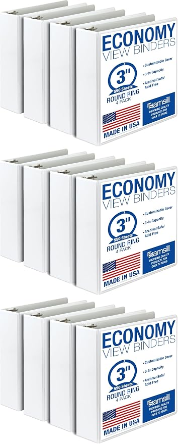 Samsill 3 Inch 3 Ring Binders, Made in USA, Economy Round Ring, Clear View Cover, 550 Sheet Capacity - for School, Home, Office - White (Pack of 12)