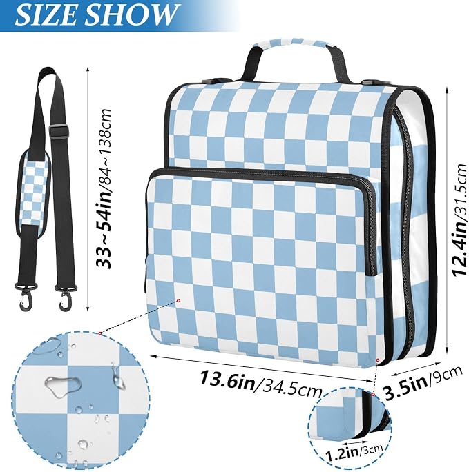 Light Blue White Checkered 3 Ring Zipper Binder with Handle 1.5 inch Binder Organizer, Multi Pockets Office File Folder with Shoulder Strap 500 Sheet Capacity