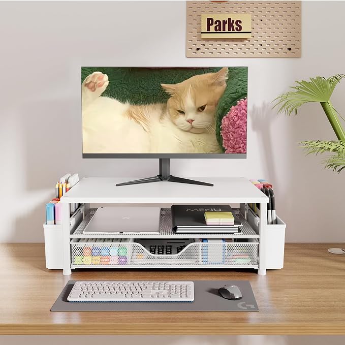 Desk Organizers and Accessories, Computer Monitor Stand Riser with Drawer and 2 Pen Holders, Printer & Laptop Stand, Office Desk Accessories & Workspace Organizers for Home Office Supplies, White Wood