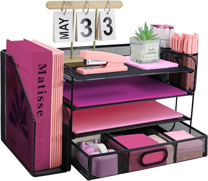 Desk Organizers and Accessories with File Holder, 4-Tier Paper Letter Tray Organiser with Drawer and 2 Pen Holder, Mesh Desktop Document Organizer for Office Supplies, Workspace - Black