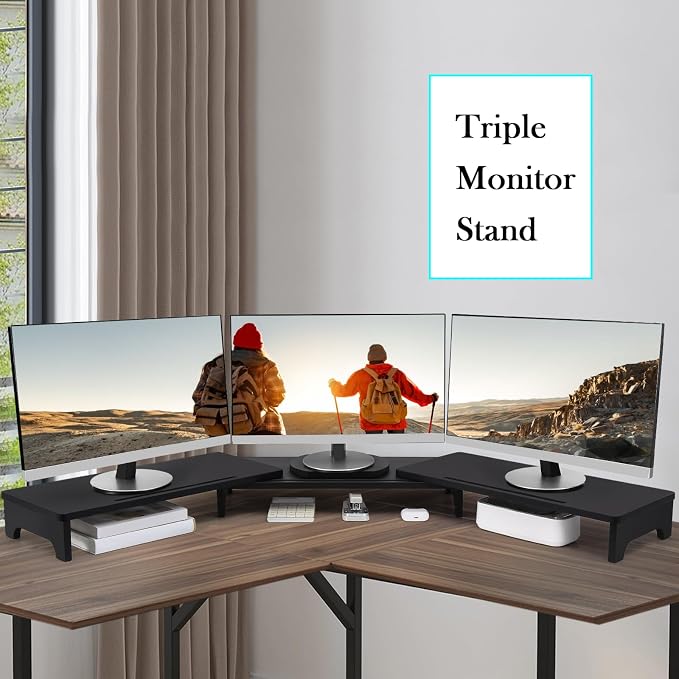 Nnewvante Bamboo Monitor Stand Riser, 60 inch Upgrade Height Large TV Riser | Black, Adjustable Length Angle, Dual Monitor Stand for Desk, 3 Shelves Desktop Screen Riser, For Computer Laptop