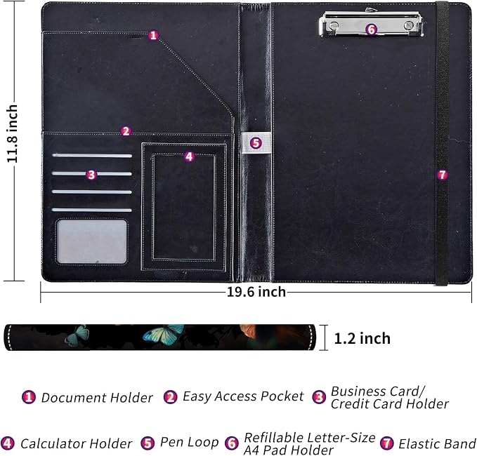 Padfolio/Portfolio Folder Clipboard,Padfolio Clipboard,Writing Portfolio Leather with Cover for Card Holder Slot Letter Size A4 for Office Conference Notepad Clip Boards,Black Cat Butterfly Flowers