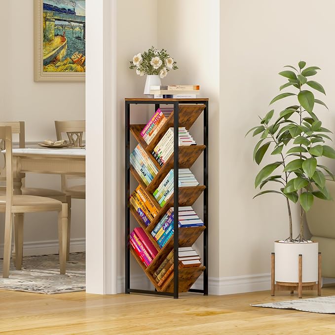 Cutogxon Tree Bookshelf - 9 Tier Floor Standing Tree Book Storage Organizer with Adjustable Feet for Hardcover Books, Vintage Living Room