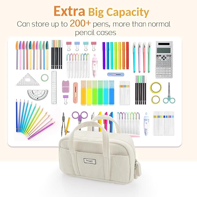 Sooez Large Pencil Case Pouch, Extra Big Pencil Bag with 5 Compartments, Pen Bag Wide Opening, Soft Corduroy Pencil Organizer with Zipper, Cute Aesthetic School Supplies for Teen Girls Light Pink