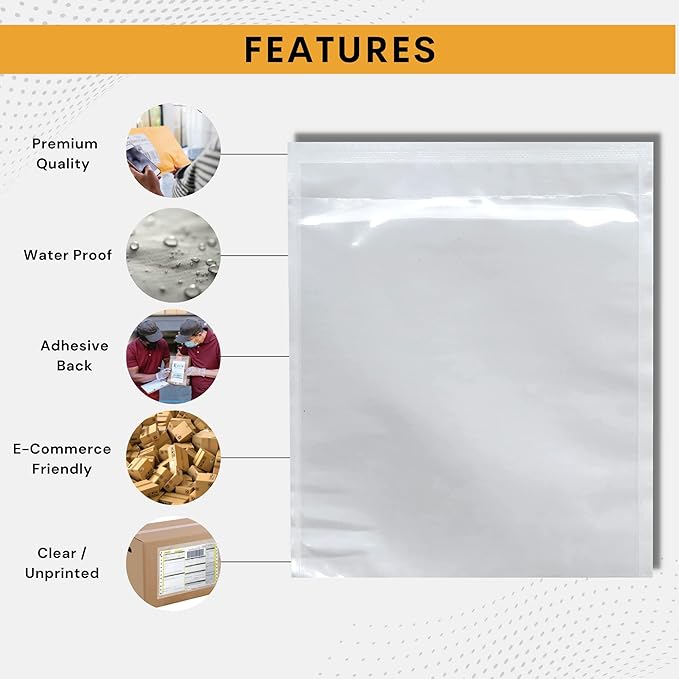 1000 Pack 7"x10" Shipping Label Sleeves – Clear Self-Adhesive Packing Slip Pouches, Waterproof Packing List Envelopes – Ideal for Shipping Documents, Mailing Labels, Invoices & Packing Slips