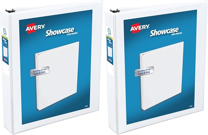 Avery Showcase Standard View 3 Ring Binder, 1.5" Slant Rings, 375-Sheet Capacity, 2.1 Inch Wide Spine,1 White Binder, Ideal for Lightweight Organization and Occasional Referencing (19651) (Pack of 2)