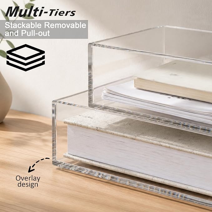 3-Tier Paper Tray Organizer & Pen Holder - Stackable Acrylic Desk Organizer | clear document sorter, vertical file holders, letter storage, workspace accessories, home, office, school, teachers, students