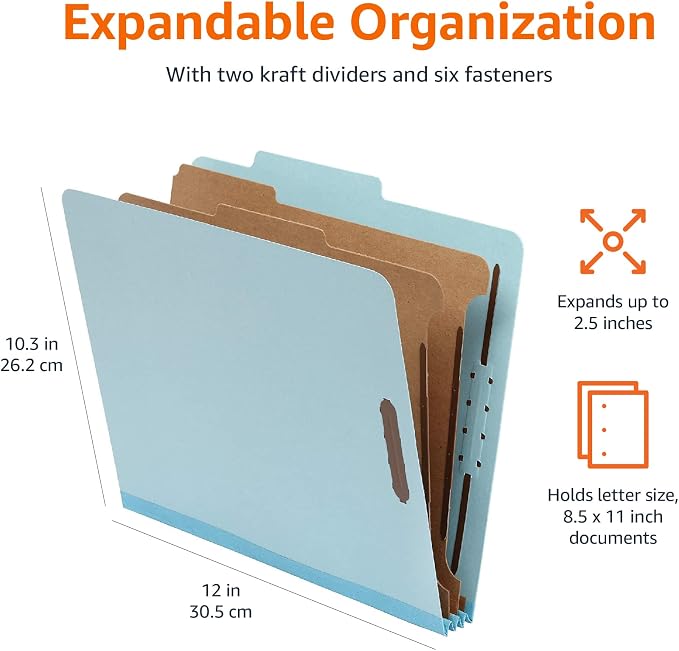 Amazon Basics Classification Folder with Prongs, 100% Recycled, 2 Dividers, 2" Embedded Fasteners, Letter Size, for Documents Organization, Light Blue, 10 Count (Pack of 2)
