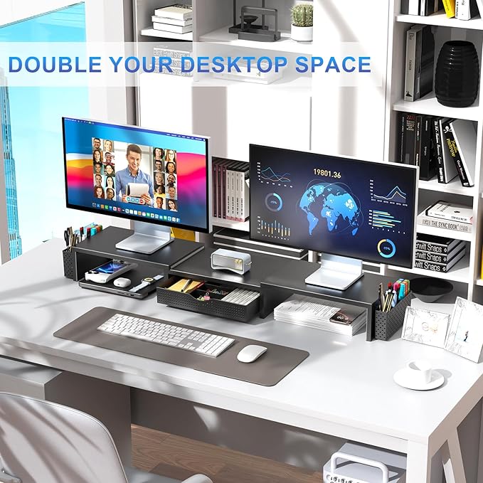 gianotter Dual Monitor Stand Riser With Drawer and 2 Pen Holders | Desk Organizer and Accessories Computer Monitor Stand, Desk Shelf for Top of Desk (Black)