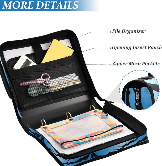 3 D-Ring Zipper Binder Bag, Blue Tiger Black Stripes Pattern Removable Binder with Zipper Case Hold 300+ Sheets& 13 Inch Laptop for School Office Supplies Organizer
