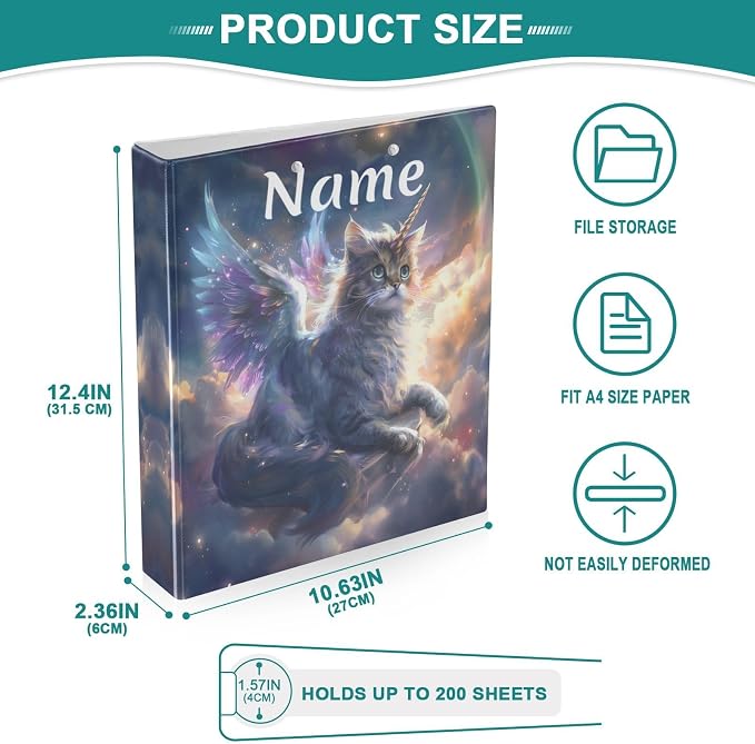 Custom 3 Ring Binder Unicorn Cat with Wings 1.5" Round Ring Binders Personalized Name View Binder with 200 Sheet for Women Men Office Kids School Supplies, 1 Pack
