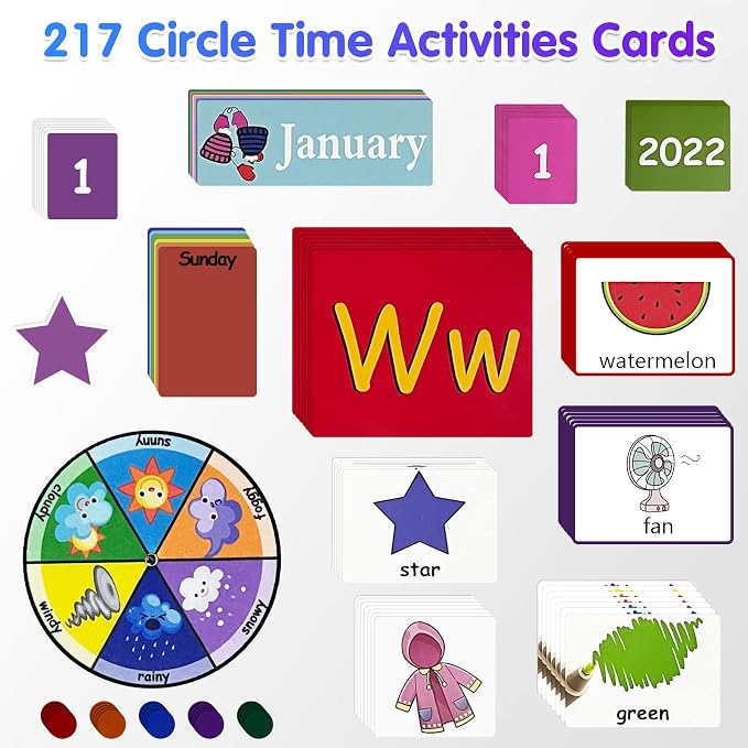Auchq Circle Time Learning Center Pocket Chart, Heavy-Duty Kids Calendar for Classroom, Educational Pocket Chart Learning Calendar Weather Letter Counting Rhyme Color Shape (Blue)