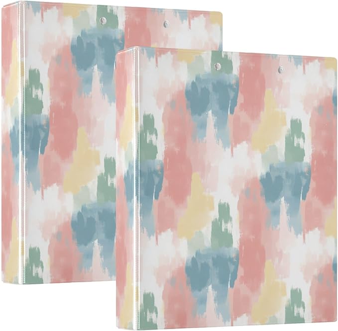 Abstract Art Pastel Color Watercolor 1.5 Inch Binders 3 Ring with Clipboard&2 Pockets Large Heavy Duty Binders Decorative D-Ring Binder Flexible Hardcover Binders, Holds 200 Sheets, 2 Pack