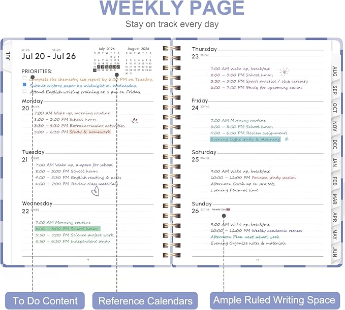 Planner 2026-2027, Weekly and Monthly Academic Year Calendar Planner, July 2026 - June 2027, Daily Agenda Book for Office School Supplies, A5(6.3'' x 8.5'')