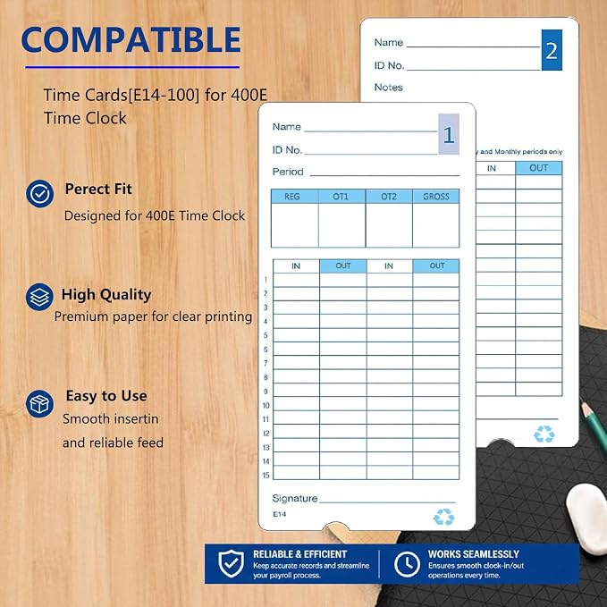 （100pack）E14（E14-100）Time Cards for Lathem Model 400E Time Clock