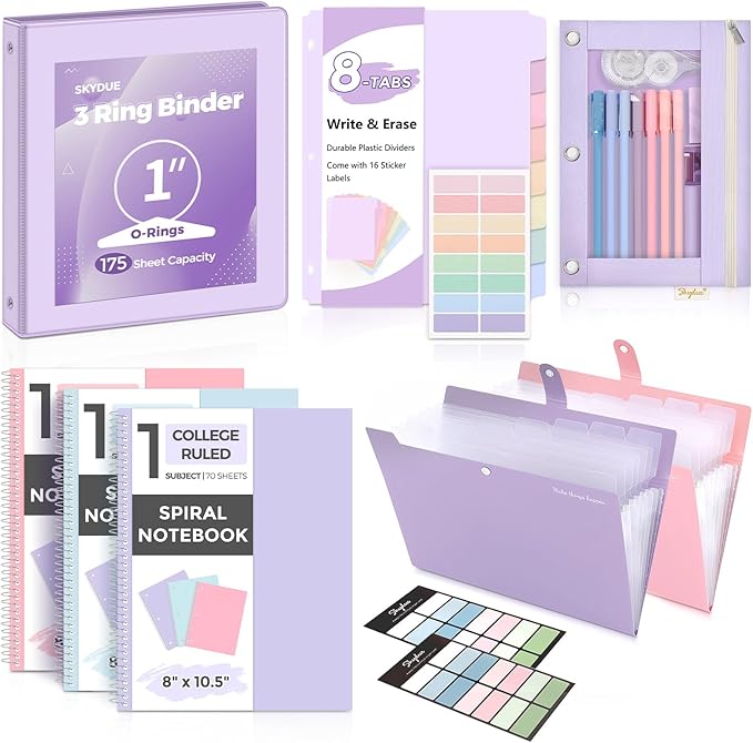 SKYDUE School Supplies Set – 1" 3-Ring Binder, 2 Expanding File Folders, 3 Spiral Notebooks, 8 Tab Dividers & Pencil Pouch – Cute Stationery for High School Stude, College Essentials Purple