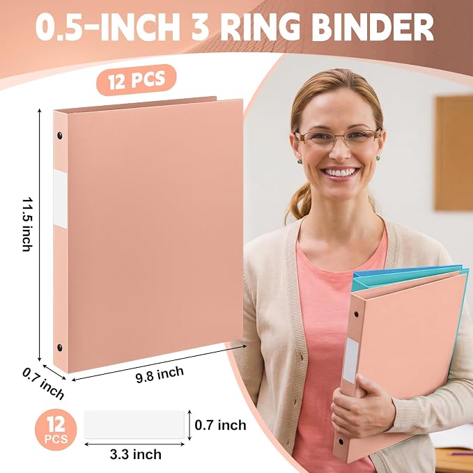 Henoyso 1/2 Inch 3 Ring Colored Binders Soft Flexible, 8.5'' x 11'' Plastic Floppy Binders Bendable with 2 Pockets, Colorful Binder Bulk for School Office Business ，12 Pack (Assorted Vibrant Color)