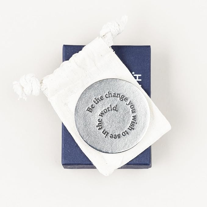 | Pewter Paperweight | 'Be the Change' Quote | 2 Inch Diameter, 1/4 Inch Thick | Handcrafted Pewter Paperweights For Desk Home and Office | Made In USA | Giftboxed