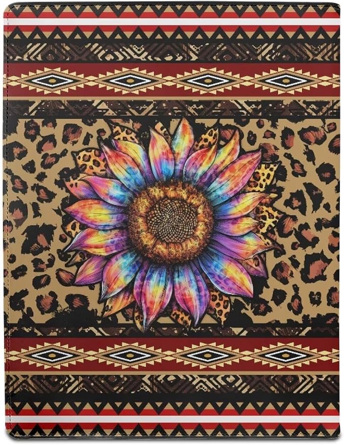 Dreaweet Leopard Aztec Sunflower Padfolio Clipboard Folder Leather Portfolio Organizer Binder for Women,Business Organizer Suitable for Interviews,Resumes,and Conference Documents