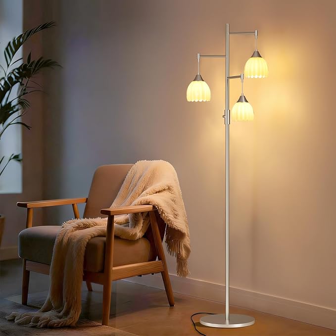 Shenmoyl Stepless Dimming Floor Lamps for Living Room, Bedroom, Nickel Standing Lamp with 3pcs 6W Bulbs, Vintage Floor Lamp for Corner, Nursery (White Tulip)