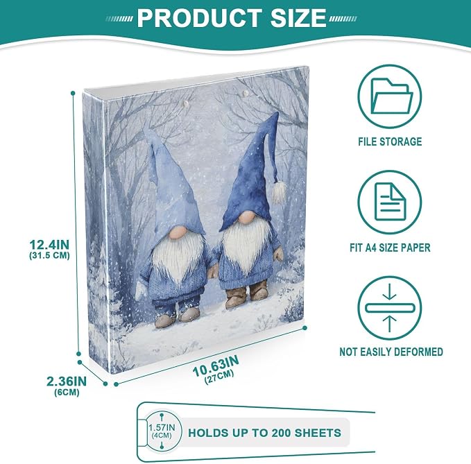 Blue Gnomes Farmhouse Winter Binder 3 Ring 1.5 Inch Binder with Clipboard&Pockets, Hardcover Binders Heavy Duty Large File Folder for Office School Supplies - Holds 200 Sheets, 2 PC