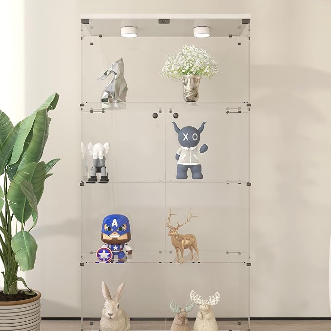 Frameless Glass Display Cabinet, Curio Cabinet Display Case with Lock and 2 Doors, Quick-Install Floor Standing Large Showcase Display Shelf for Collectibles, Legos, Figures, Plants